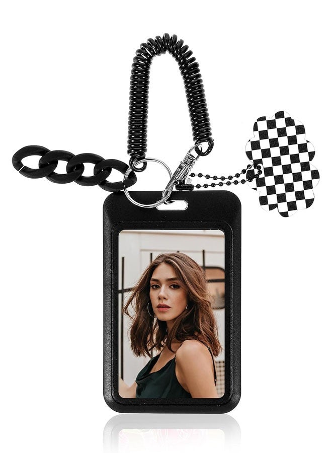 حامل بطاقات صور، حامل بطاقة هوية أسود من الأكريليك، حامل بطاقات ائتمان، منظم عرض صور مع سلسلة مفاتيح بقلادة زنبركية، حافظة بطاقات حافلة طلابية، أكمام صور واقية - Image 1